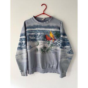 90s vintage blue festive snowy winter birds scene graphic pullover sweatshirt